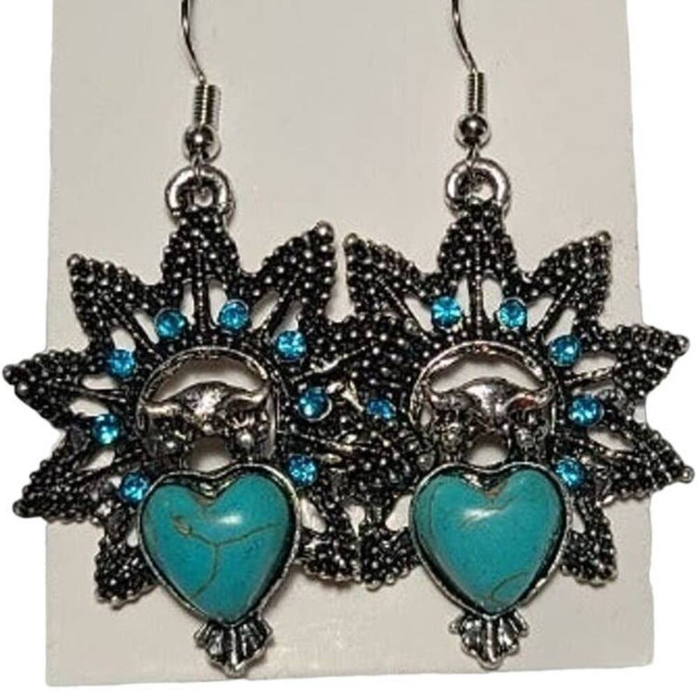 Silver Turquoise Stone Sun Owl Dangle Drop Earrings
